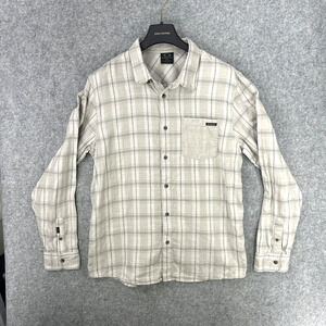 *STAIN* Oakley Men Size L Plaid Flannel Button Long Sleeve Shirt Beige Cotton